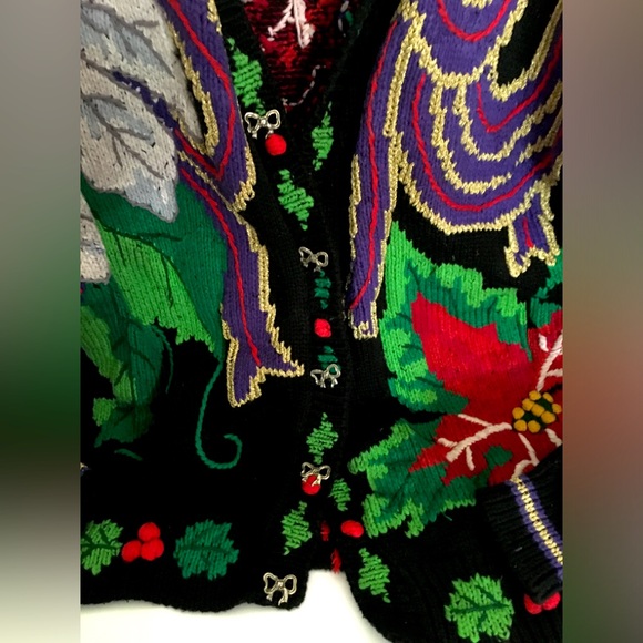 Vintage Just Better Sweaters Lisa Coufal Floral Christmas Cardigan 2XL Hand Knit - Picture 2 of 8